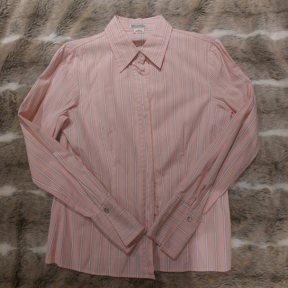 Michael Kors Women's Pink and White Striped Button Down Shirt